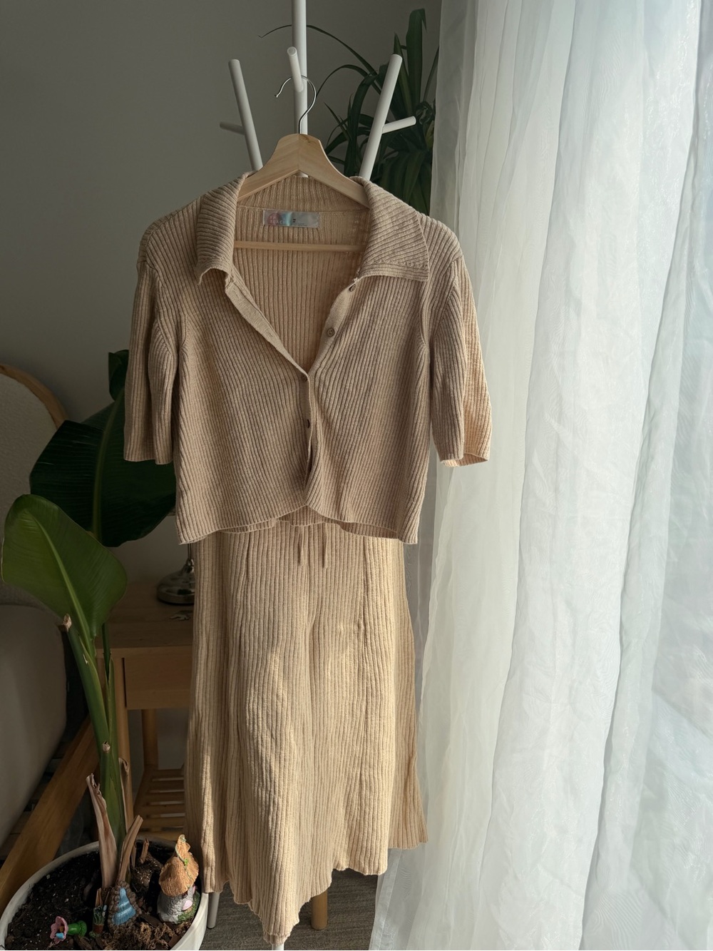 FP beach Beige Ribbed Knit Two-Piece Dress Set top and dress midi